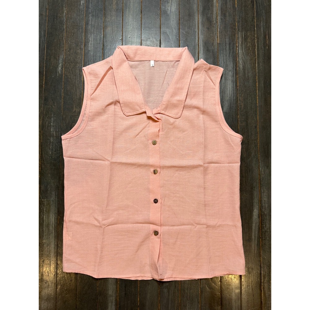 Womens Peach Pink Sleeveless Button Up Top Textured Linen Look Blouse